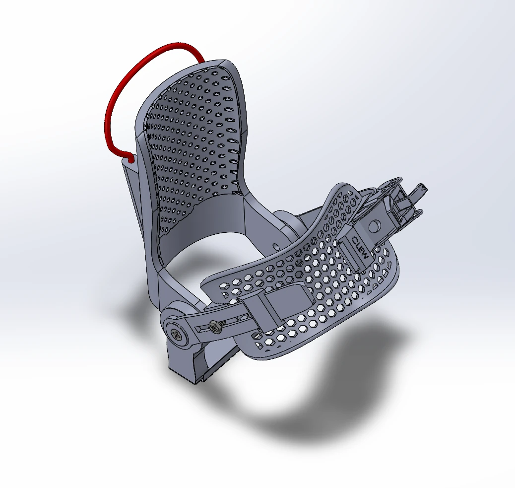 Close SolidWorks view of the curved backing and perforated ankle strap, with the red handle, side supports, and strap hardware visible.