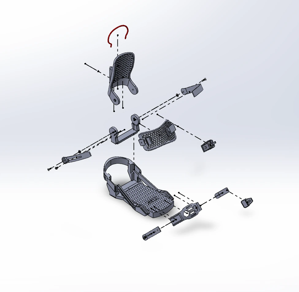Exploded SolidWorks view of the binding with the backing, red handle, ankle and toe strap parts, supports, and fasteners separated along dashed guide lines above and around the base.
